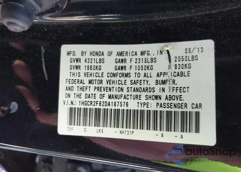 2013 Honda Accord Sdn Ex-L z USA, uszkodzony, nr VIN 1HGCR2F82DA187576
